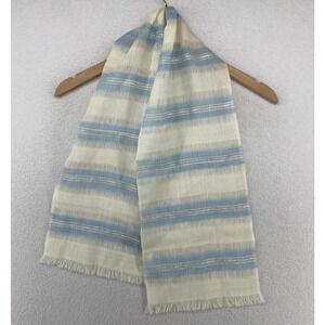 FAIT A LA MAIN Scarf Wool Madawaska Weavers Metallic Striped Wrap Blue White Vtg